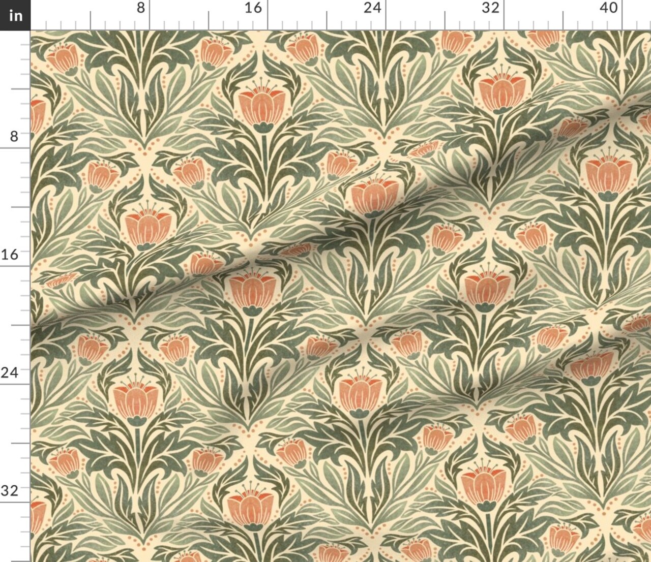 Block Print Floral Orange Tulip Damask Rustic Farmhouse Flowers Green Leaves Custom Printed Fabric by Spoonflower Various Fabrics by the Yard or Fat Quarter